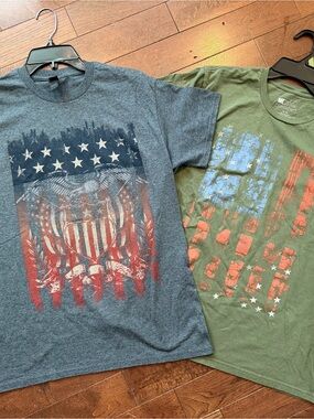 Lot of 2 Men’s Short Sleeve USA Graphic Tees in Distressed Blue & Olive Green